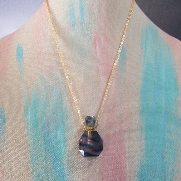 Gemstone Perfume Bottle, Rainbow Fluorite and Brass - Picture 3 of 6